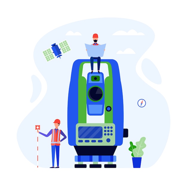 Concept surveyors, geodesists and land engineers using  theodolite, measuring instruments.