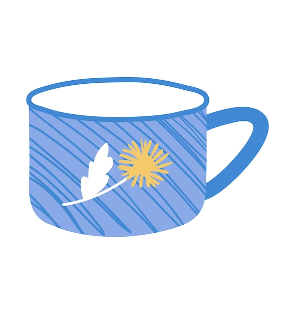 Concept tea coffee cup icon blue bowl with drawing branch flower flat vector illustration isolated o...