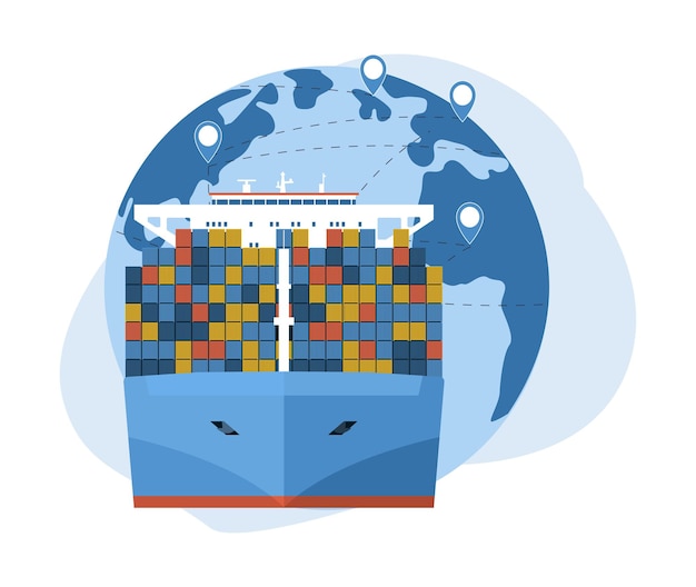 The concept of transporting containers on ships around the world Vector illustration