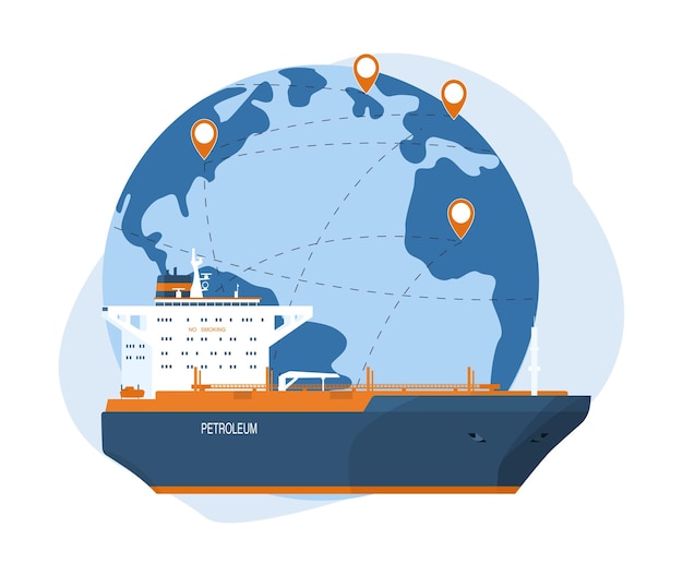 The concept of transporting petroleum around the world by tanker ships Vector illustration