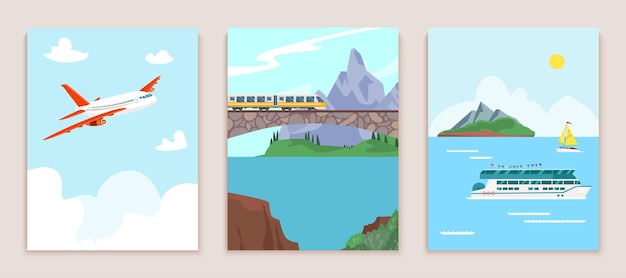 Concept travel banner set train ride mountain road flight international passenger