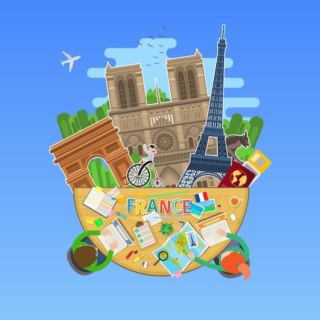 Concept of travel to France or studying French. French flag with landmarks in the office. Tourism in France. Flat design, vector illustration