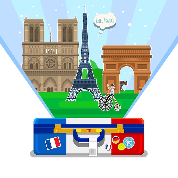 Concept of travel to France or studying French French flag with landmarks in open suitcase Flat design vector illustration