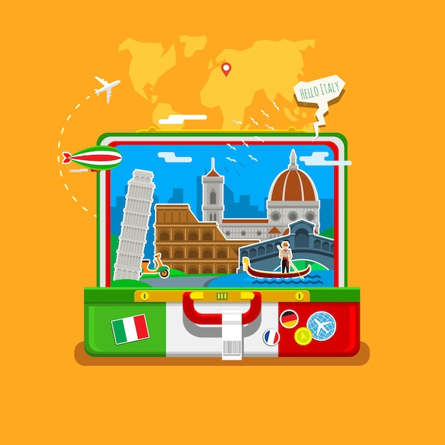 Concept of travel to Italy or studying Italian Italian flag with landmarks