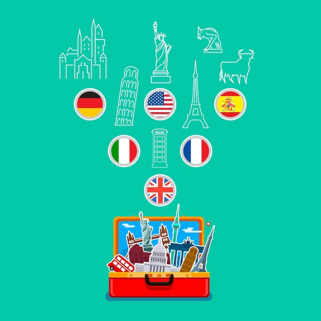 Concept of travel. Open orange suitcase with landmarks on blue background. Flat design, vector illustration.