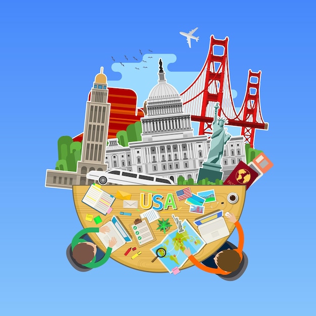 Concept of travel or studying English. American flag with landmarks in the office. Flat design, vector illustration