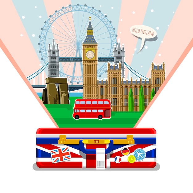 Concept of travel or studying English. English flag with landmarks in open suitcase. Excellent vacation in England. Fine travel to England. Time to travel. Flat design, vector illustration