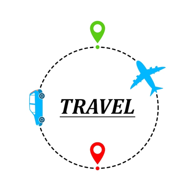 Concept of traveling by car and plane. Vector illustration. Traveling route or track with location markers