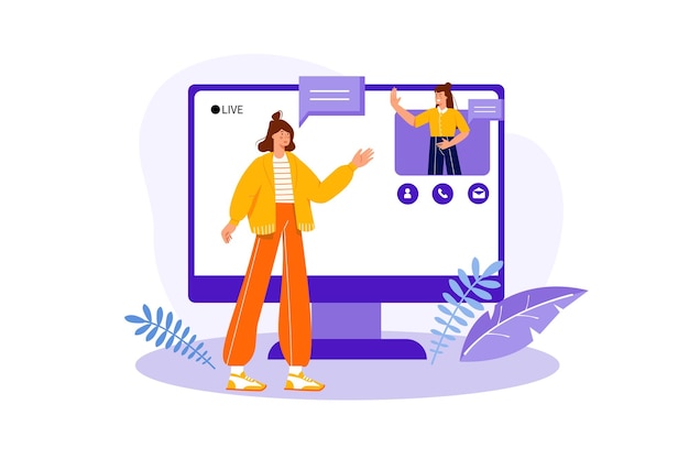 Concept Video chatting with people scene in the flat cartoon style Girl discuss interesting topics with her friend on video chat Vector illustration