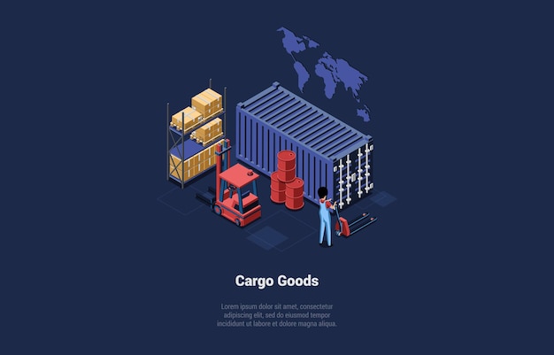 Concept Of Warehouse And Cargo Goods Worker Loading Cardboard Boxes Into Container Using Pallet Jack Global Business Stacking Goods with Hand Lifters and Forklift Isometric 3D Vector Illustration