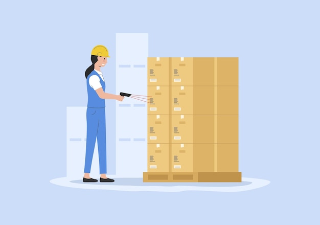 Concept Of Warehouse And Courier Delivery Storehouse Worker In Uniform Scanning Parcels By Barcode Scanner Warehouse With Cardboard Boxes On Pallet Cartoon Linear Outline Flat Vector Illustration