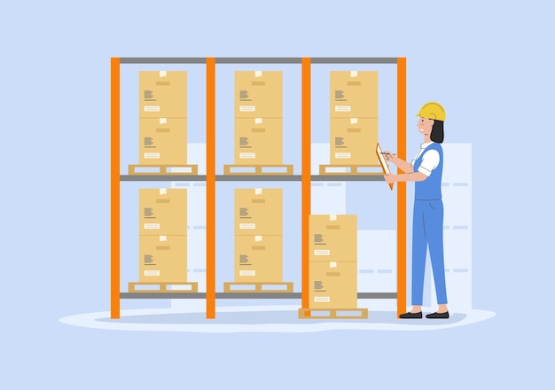 Concept Of Warehouse Storehouse Cheerful Worker In Uniform Count Parcels And Making Notes Warehouse With Cardboard Boxes On Rack And Staff Cartoon Linear Outline Flat Style Vector Illustration