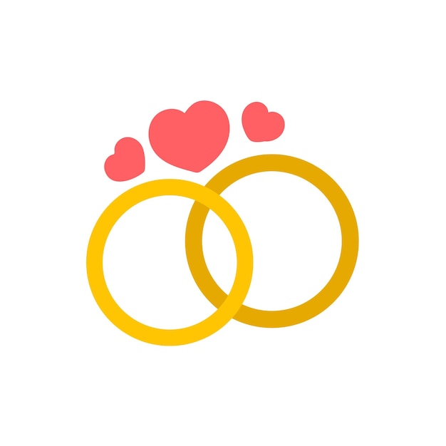 Concept of wedding rings on white background. Gold rings and pink hearts. Vector illustration