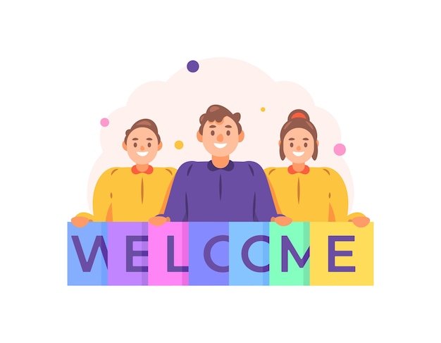 concept of welcoming or illustration of a team group or community with a welcome board