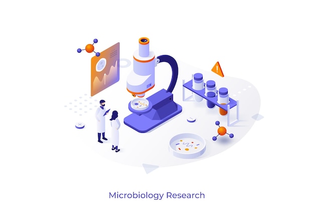 Concept with scientists test tubes microscope and Petri dish Bacteriological analysis microbiological or microscopy research lab Modern isometric design template Vector illustration