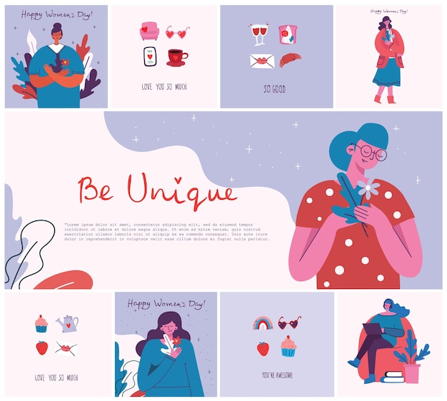 Concept of women unique background stylish vector illustration card with happy female woman and hand...