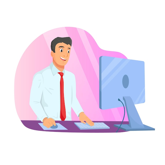 Concept of work in office. Businessman looks at screen monitor and analyzes data. Modern flat style vector illustration.