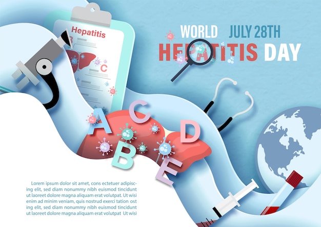 Concept of world hepatitis day with medical tools and globe in paper cut style and vector design