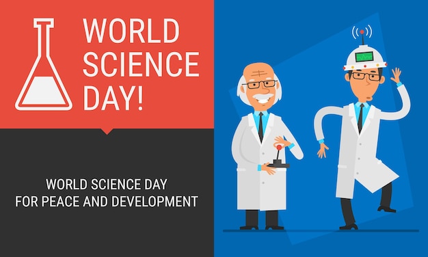 Concept World Science Day Professor Conducted Experiments on Assistant. Vector Illustration. People Character.