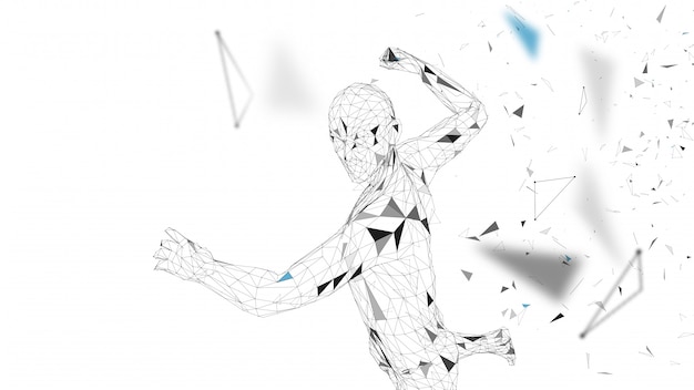 Conceptual abstract man is doing powerful punch. Connected lines, dots, triangles, particles. Artificial intelligence concept. High technology