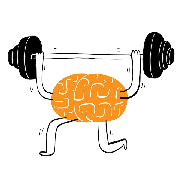 Conceptual the brain lifting a barbell for exercise Hand drawing vector illustration line art