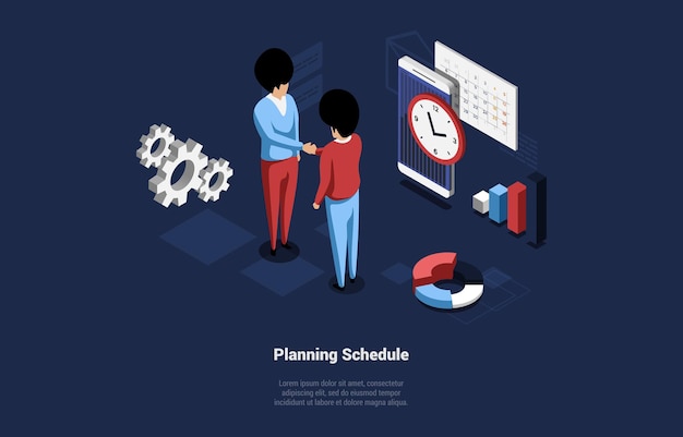 Conceptual Design In Cartoon 3D Syle. Vector Illustration, Isometric Composition. Business Planning Strategy Schedule, Marketing Ideas. Two Characters Making Deal, Infographic Objects, Charts Around.