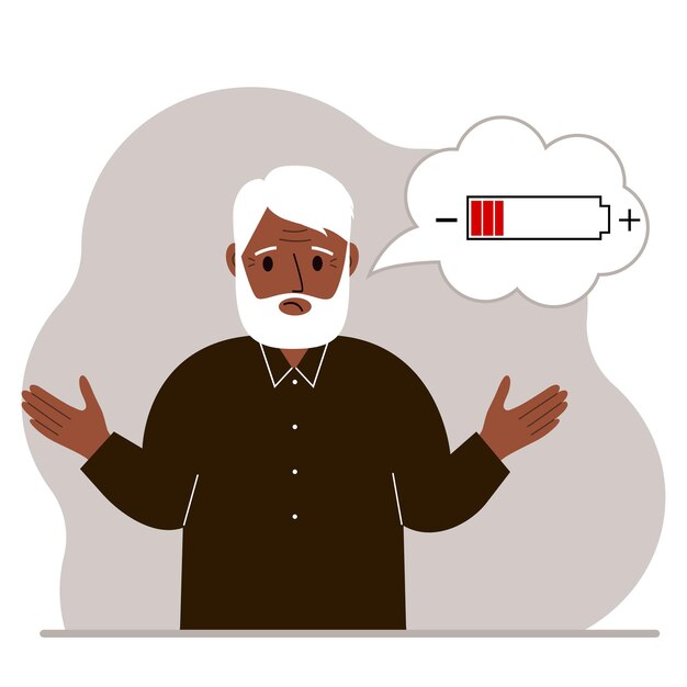 Conceptual illustration of low battery Sad grandfather thinks about charging Vector flat illustration