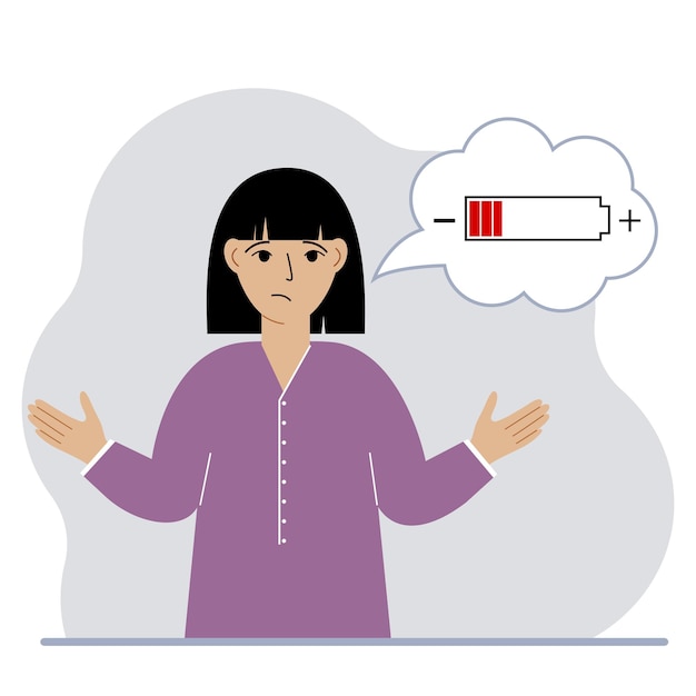 Conceptual illustration of low battery Sad woman thinks about charging Vector flat illustration