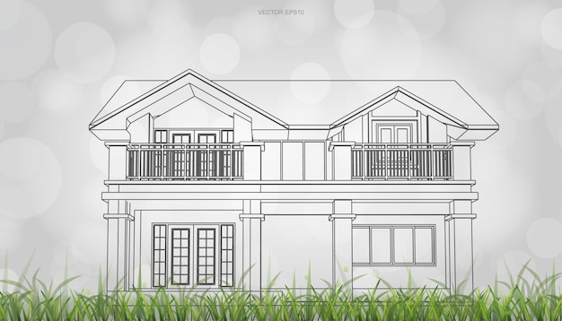 Conceptual image of house perspective render. 3D wireframe rendering with light blurred bokeh background. Vector illustration.