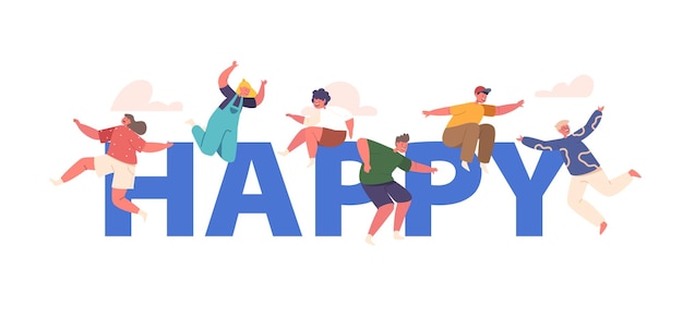 Vector conceptual poster with energetic and joyful happy kids jump with excitement children laughter carefree leaps