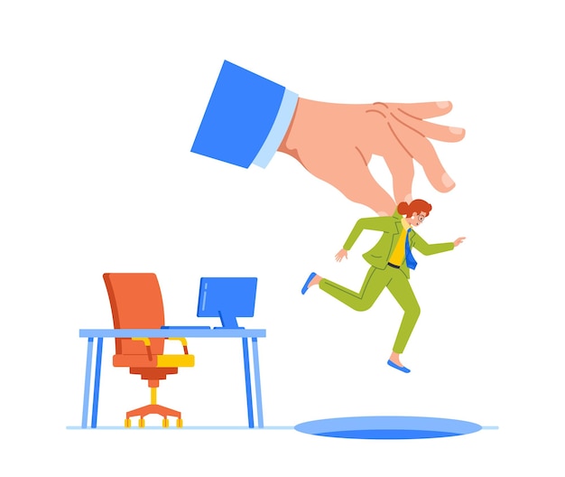 Vector conceptual scene of corporate downsizing portrayed boss's huge hand throwing employee character out of office desk