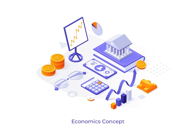 Conceptual template with bank building on book calculator glasses ascending charts Scene for learning economics financial or banking systems Modern isometric vector illustration for website