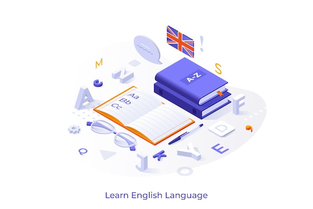 Conceptual template with books or textbooks notebook glasses letters and UK flag Scene for english learning studying foreign language translation course Modern isometric vector illustration