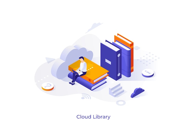 Conceptual template with man sitting on giant books and working on laptop computer Scene for cloud library online textbooks storage internet service for readers Isometric vector illustration