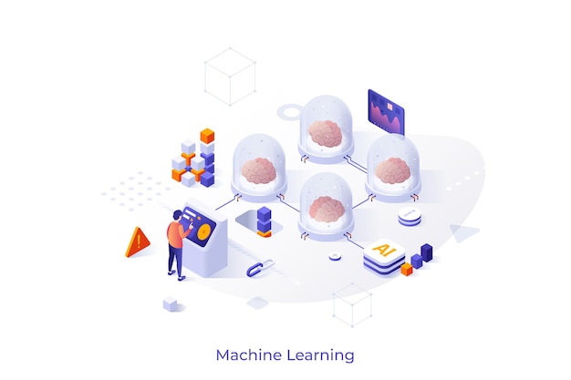 Conceptual template with man standing at control panel and programming brains in glass pods connected into network Concept of creation of artificial intelligence Isometric vector illustration