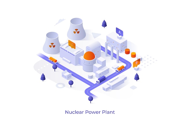 Conceptual template with nuclear power plant cooling towers factory buildings Scene for electric energy generation in urban industrial area Modern isometric vector illustration for website