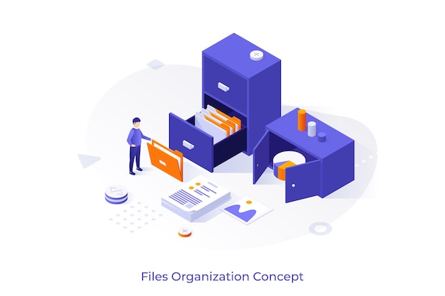 Conceptual template with office worker and storage cabinet full of documents in folders Scene for file organization archive of business data or information Modern isometric vector illustration