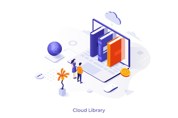 Conceptual template with people standing in front of laptop and books Scene for cloud library global internet service for textbooks storage electronic bookshelf Isometric vector illustration