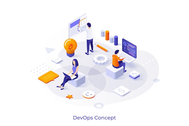 Conceptual template with people working on computers programming or developing software Scene for devops system development information technology startup Modern isometric vector illustration