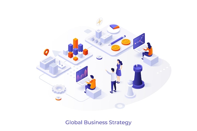 Conceptual template with people working on laptop computers diagrams chess pieces Scene for global business strategy strategic development of company Modern isometric vector illustration