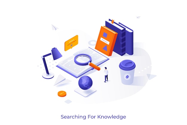 Conceptual template with person standing in front of giant book and magnifying glass Scene for search for new knowledge research university education Modern isometric vector illustration