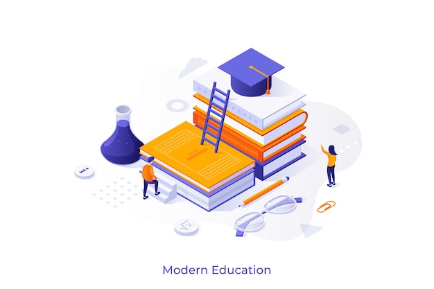 Conceptual template with student ascending pile of books with graduation cap on top Scene for modern education studying at university obtaining knowledge Isometric vector illustration