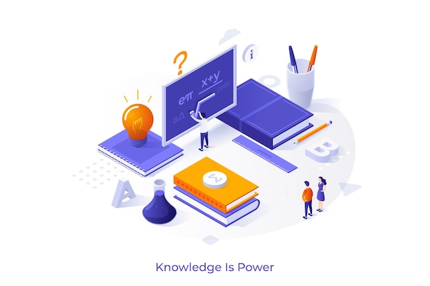 Conceptual template with student standing at chalkboard and solving equation books lightbulb Knowledge Is Power scene studying at university or college Modern isometric vector illustration