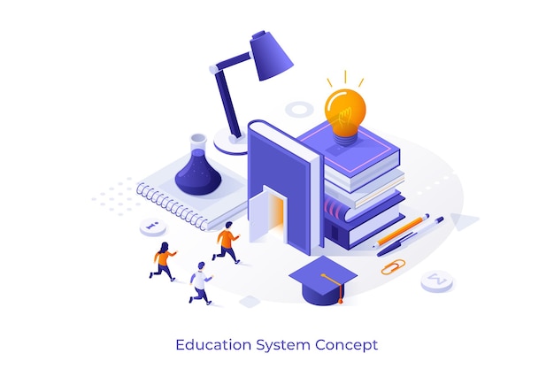 Conceptual template with students running towards book entrance Scene for education system university admission studying at college academic learning Modern isometric vector illustration