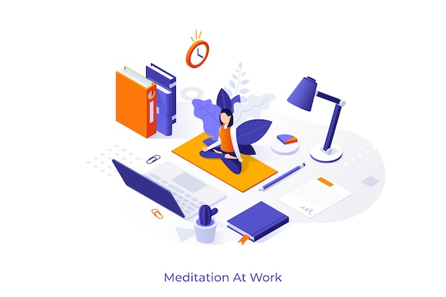 Conceptual template with woman sitting with crossed legs performing yoga asana or meditating Spiritual practice at work desk calmness at office Modern isometric vector illustration for website