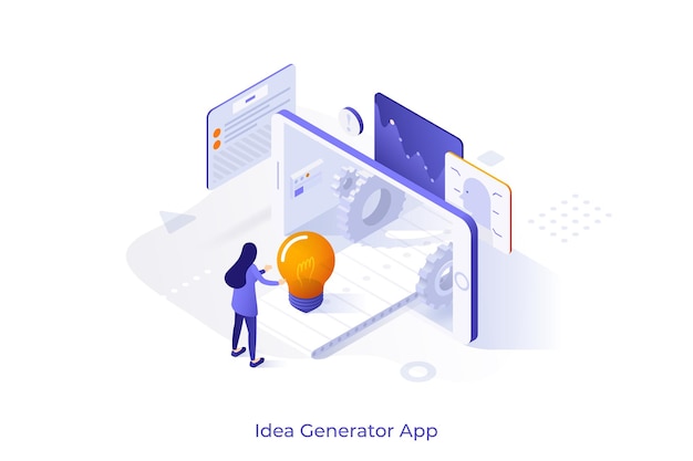 Conceptual template with woman standing at smartphone and conveyor belt with light bulb Mobile application for innovative idea generation Isometric vector illustration for website