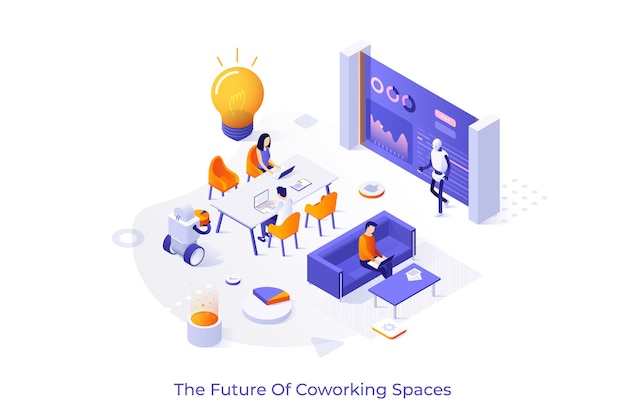 Conceptual template with workers or clerks sitting at desks and working on laptops in modern office full of robots Automated coworking space or area Isometric vector illustration for web banner