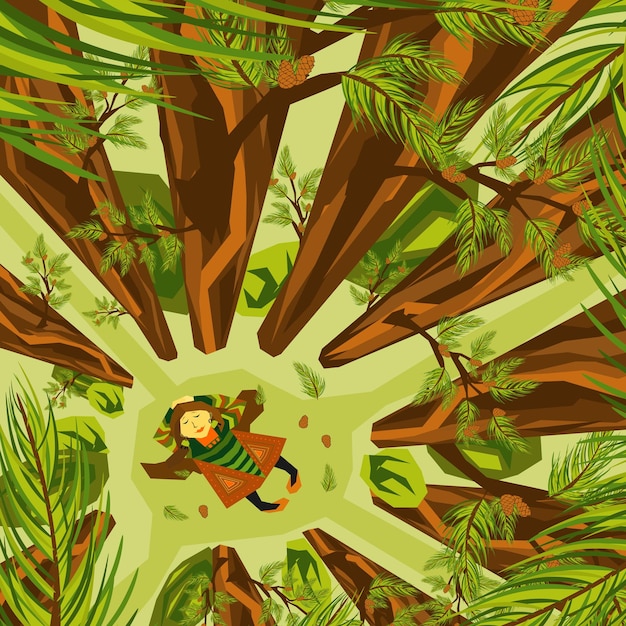 Vector conceptual vector illustration about the importance of forest conservation boho style dressed girl lies on the ground in a pine forest