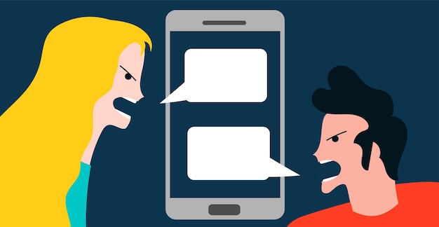 Conceptual vector illustration with angry woman and boy quarreling by smartphone technology conversation mobile