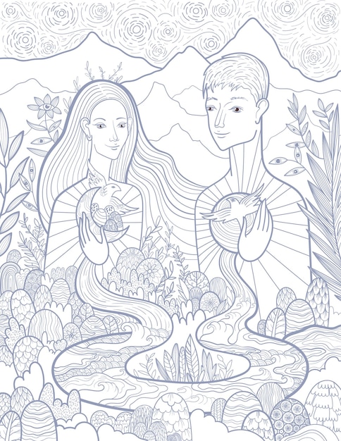 Conceptual vector illustration of a woman and a man in love and harmony with nature and themselves. The interconnection of everything with everything in the world.